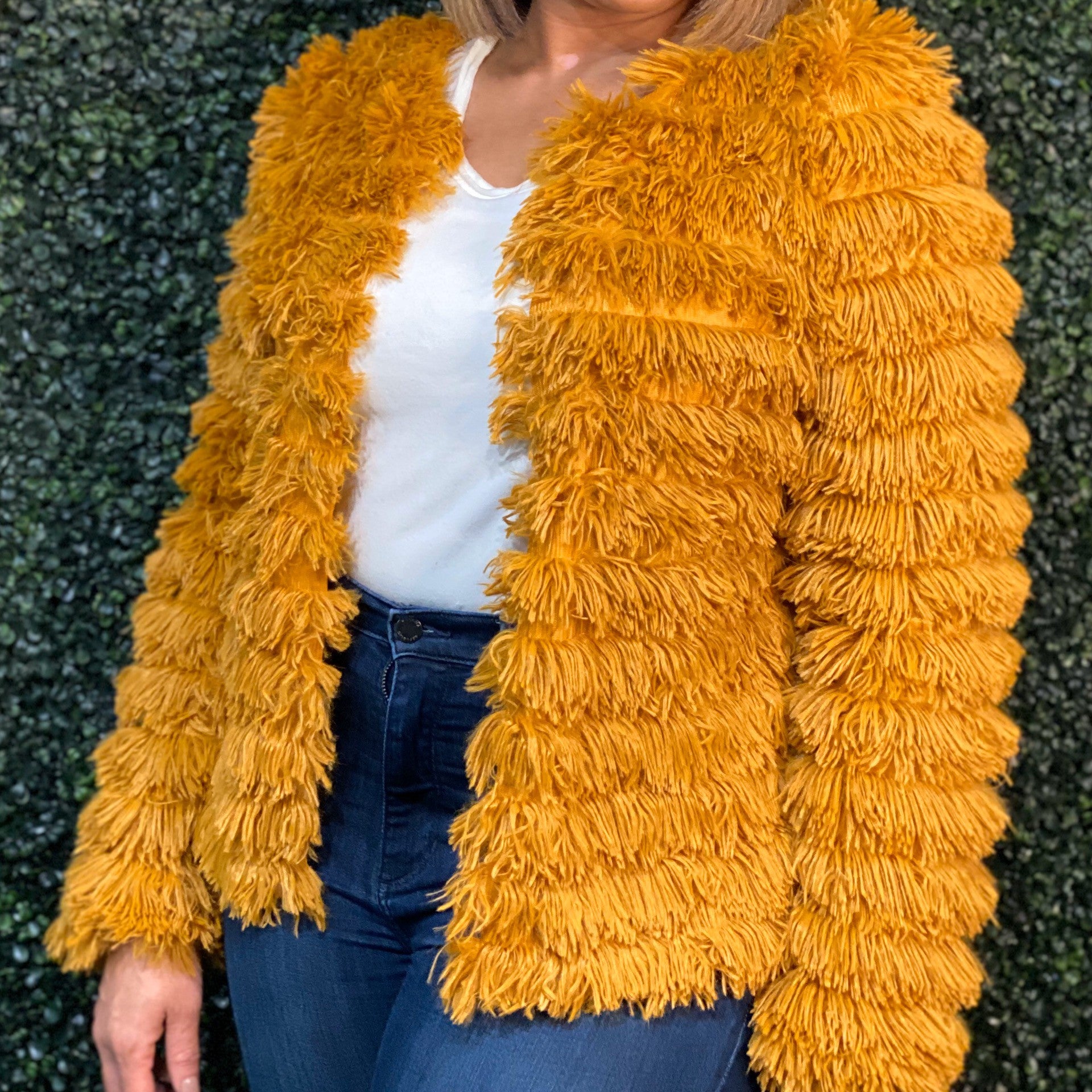 Mustard fringe jacket shop
